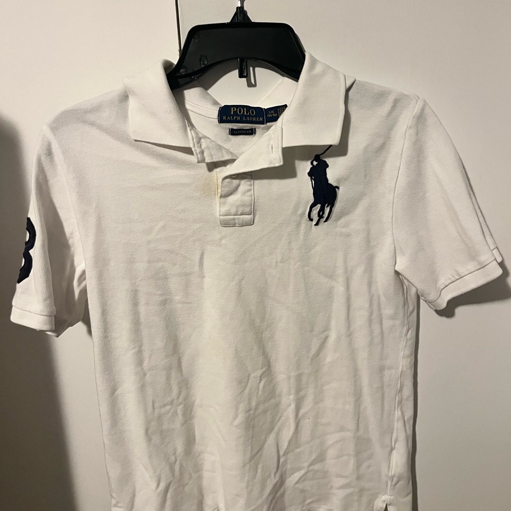 Ralph Lauren White Polo with Navy Emblem and the number 3. Youth Large